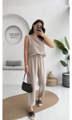 Nova Kalın Askılı Bluz Pantolon Takım - Vizon