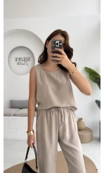 Nova Kalın Askılı Bluz Pantolon Takım - Vizon