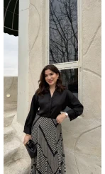 Odın Bağcıklı V Yaka Saten Gömlek - Siyah - Kod: 5022