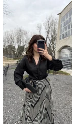 Odın Bağcıklı V Yaka Saten Gömlek - Siyah - Kod: 5022