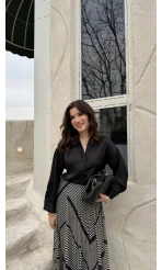 Odın Bağcıklı V Yaka Saten Gömlek - Siyah - Kod: 5022