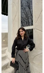 Odın Bağcıklı V Yaka Saten Gömlek - Siyah - Kod: 5022