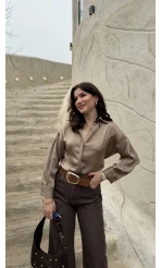 Odın Bağcıklı V Yaka Saten Gömlek - Vizon - Kod: 5022