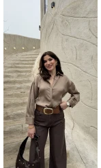 Odın Bağcıklı V Yaka Saten Gömlek - Vizon - Kod: 5022