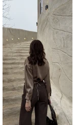 Odın Bağcıklı V Yaka Saten Gömlek - Vizon - Kod: 5022