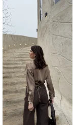 Odın Bağcıklı V Yaka Saten Gömlek - Vizon - Kod: 5022