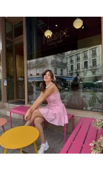 Olé Straplez Pötikare Desenli Pembe Elbise