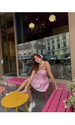 Olé Straplez Pötikare Desenli Pembe Elbise