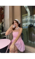 Olé Straplez Pötikare Desenli Pembe Elbise