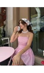 Olé Straplez Pötikare Desenli Pembe Elbise