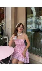 Olé Straplez Pötikare Desenli Pembe Elbise