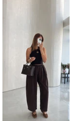 Olıvıa Çizgili Balon Pantolon - Acı Kahve - Kod: 031748