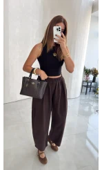 Olıvıa Çizgili Balon Pantolon - Acı Kahve - Kod: 031748