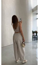 Olıvıa Çizgili Balon Pantolon - Taş - Kod: 031748