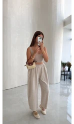 Olıvıa Çizgili Balon Pantolon - Taş - Kod: 031748