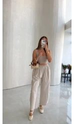 Olıvıa Çizgili Balon Pantolon - Taş - Kod: 031748