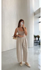 Olıvıa Çizgili Balon Pantolon - Taş - Kod: 031748