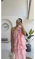 Olivia Gül Detaylı Kat Kat Elbise Pembe