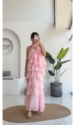 Olivia Gül Detaylı Kat Kat Elbise Pembe