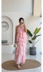 Olivia Gül Detaylı Kat Kat Elbise Pembe