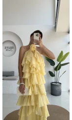 Olivia Gül Detaylı Kat Kat Elbise Sarı