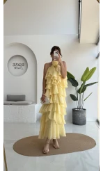 Olivia Gül Detaylı Kat Kat Elbise Sarı