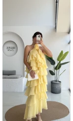 Olivia Gül Detaylı Kat Kat Elbise Sarı