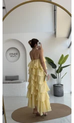 Olivia Gül Detaylı Kat Kat Elbise Sarı