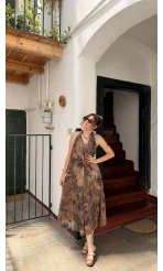 Omuzdan Düğümlü Elbise - Camel - Kod: 3429