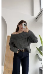 Omzu Açık Fitilli Kazak - Antrasit