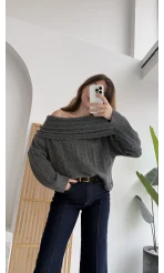 Omzu Açık Fitilli Kazak - Antrasit