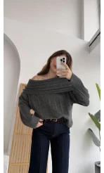 Omzu Açık Fitilli Kazak - Antrasit