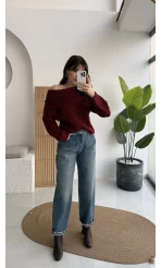 Omzu Açık Fitilli Kazak - Bordo