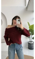 Omzu Açık Fitilli Kazak - Bordo