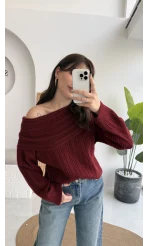 Omzu Açık Fitilli Kazak - Bordo