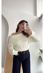 Omzu Açık Fitilli Kazak - Ekru