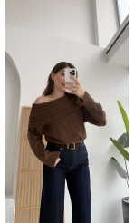 Omzu Açık Fitilli Kazak - Kahverengi