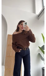 Omzu Açık Fitilli Kazak - Kahverengi