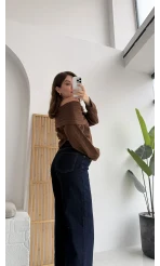 Omzu Açık Fitilli Kazak - Kahverengi