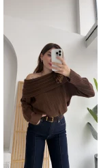 Omzu Açık Fitilli Kazak - Kahverengi