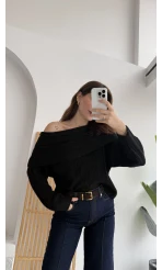 Omzu Açık Fitilli Kazak - Siyah