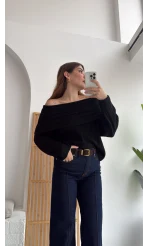 Omzu Açık Fitilli Kazak - Siyah