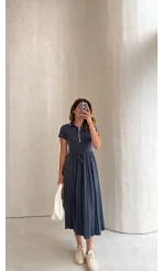 ÖN SİPARİŞ - Kısa Kol Pliseli Elbise - Lacivert - Kod: 4180