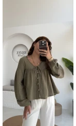 Peri İnci Detay Haki Bluz
