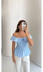 Önü Bağlamalı Gipeli Bluz - Mavi - Kod: 71794