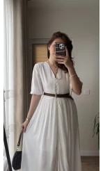 Önü Düğme Detay Beyaz Elbise