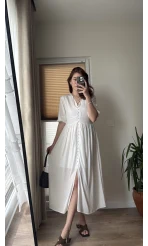 Önü Düğme Detay Beyaz Elbise