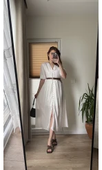 Önü Düğme Detay Beyaz Elbise