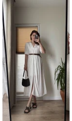 Önü Düğme Detay Beyaz Elbise