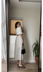 Önü Düğme Detay Beyaz Elbise